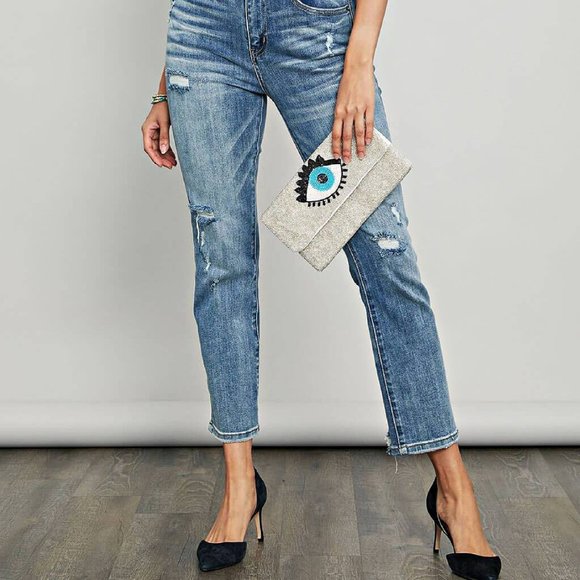 Silver Glass Beaded Evil Eye Symbol Crossbody Chain Clutch Handbag Bag NEW - Picture 6 of 7